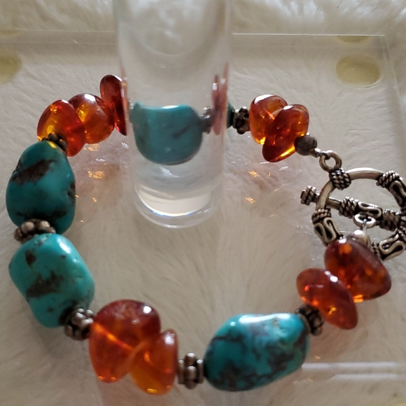 Amber and Turquoise Silver Bracelet - Picture 7 of 7